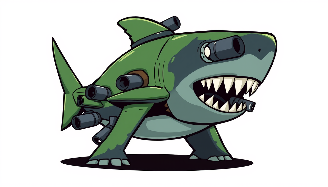 Main art studio: Keep the original shark design and ALL of its cannons. Do not remove any cannons. The shark must have MANY large cannon barrels clearly visible on its
