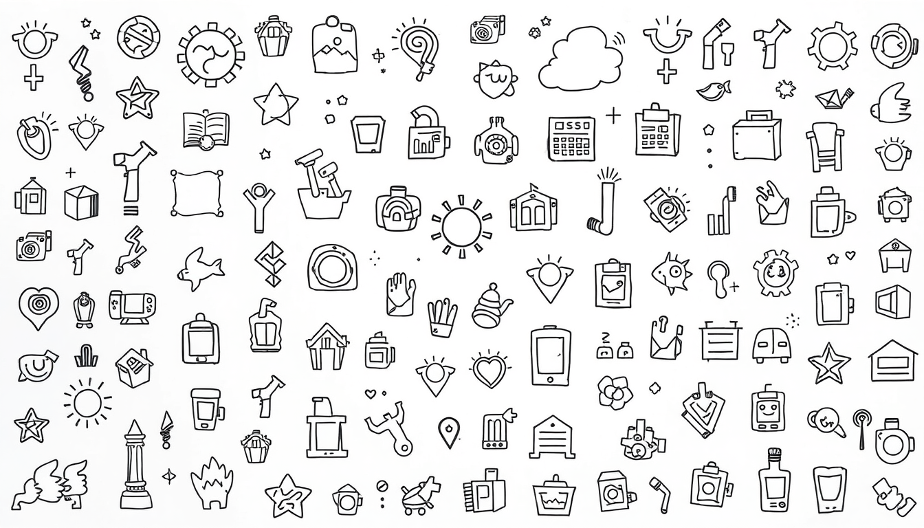 Doodle idea created from the prompt: casual hand-drawn line art built from simple icons, repeated marks, and playful spacing, deliberate composition, I want cool image colourful
