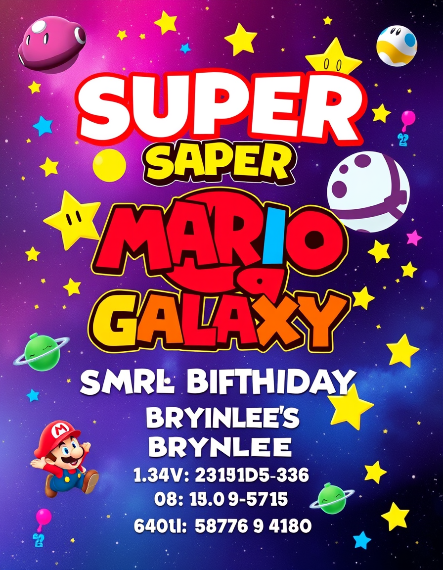 Main art studio: Create a colorful Super Mario Galaxy birthday invitation for Brynlee’s 9th birthday. Galaxy space theme with stars, planets, bright colors, and a fun