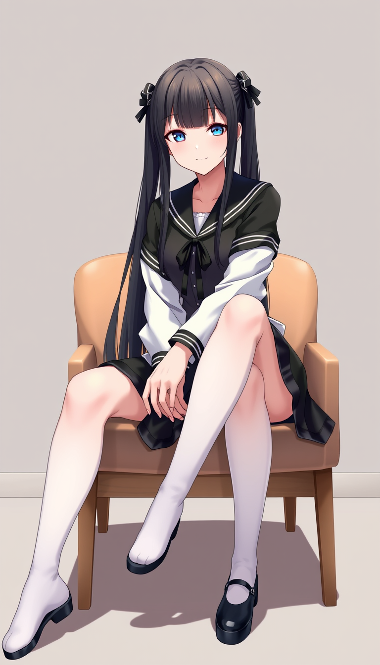 Main art studio: young adult woman, beautiful, feminine, anime style, full body, sitting on a chair, long straight jet black hair, small twin tails, black and white ou