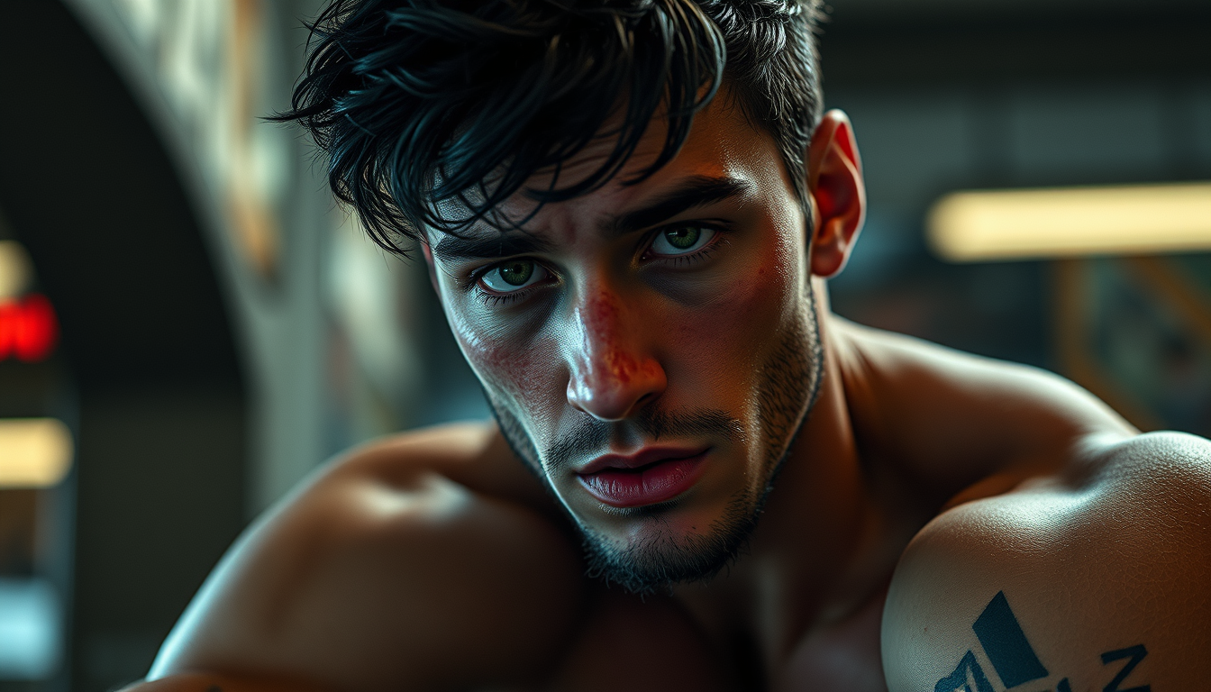 Realistic Images idea: photorealistic generated image, natural materials and skin texture, physically plausible lighting, realistic men, black messy hair, green eyes, gym bo