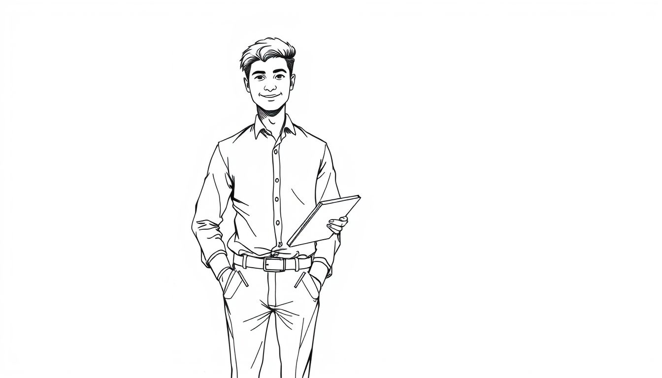Main art studio: A young Indian man, 25 to 30 years old, confident expression, standing upright, wearing a simple formal shirt and trousers, holding a small financial 