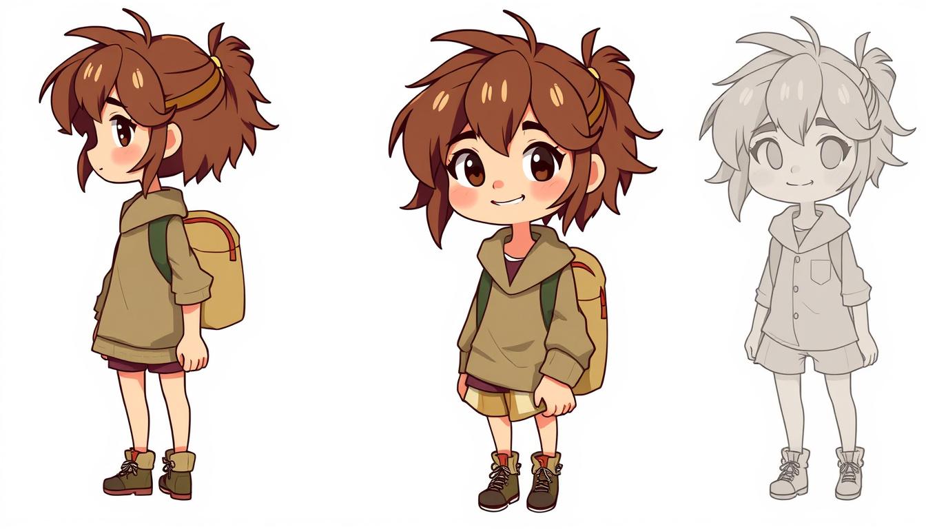 Character idea created from the prompt: original character design, detailed outfit and accessories, expressive personality, a girl with brown scruffy hair, backpack, comfy clothes 