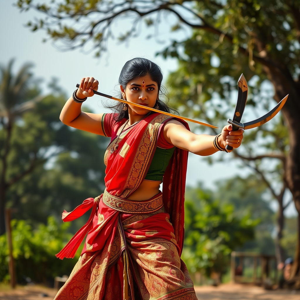 Main art studio: an outline of an indian looking, young woman. she is dressed in a traditional sari with powerful and expensive patterns, but practicably enough to fig