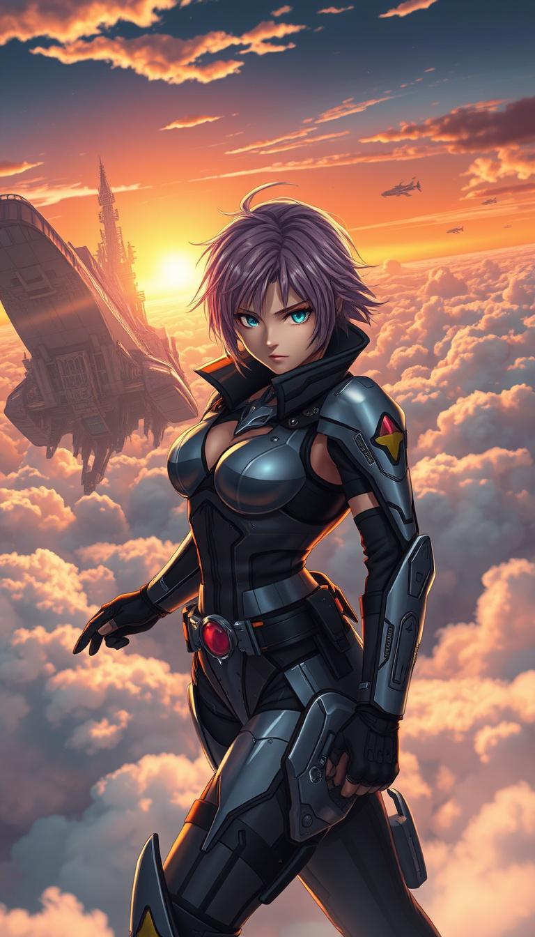 Main art studio: masterpiece, best quality, ultra detailed, Leona Heidern from The King of Fighters, advanced aerial combat uniform with streamlined armor accents, col
