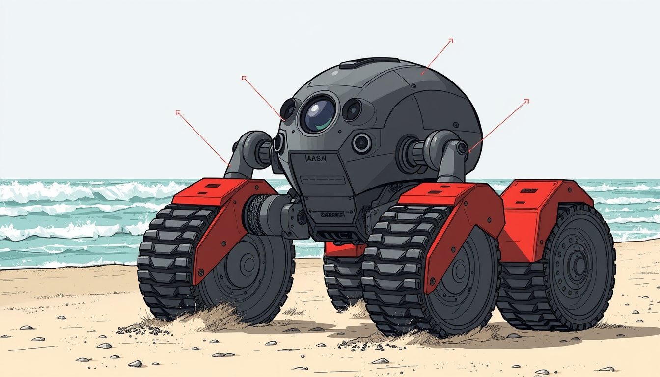 Main art studio: Un dibujo claro y realista de un robot gigante redondo de color gris oscuro que recoge basura en la arena de una playa, con el mar de fondo. El robot 
