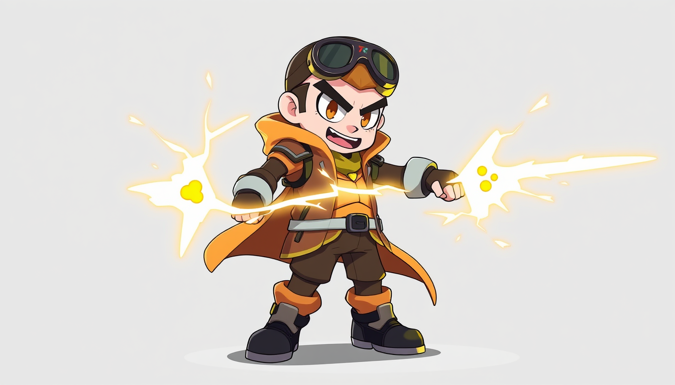 Characters idea: an original character defined by silhouette, role, outfit, palette, and expression, deliberate composition, C'est un personnage de jeux vidéo qui lanc
