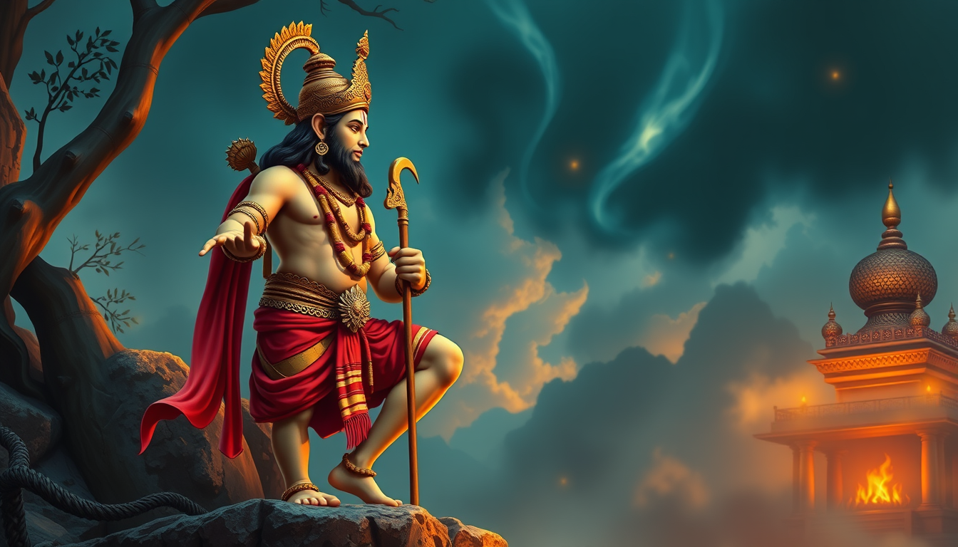 AI Art prompt example created from the prompt: i want image of hanuman satnding and seeing aside he is standing with gaja .