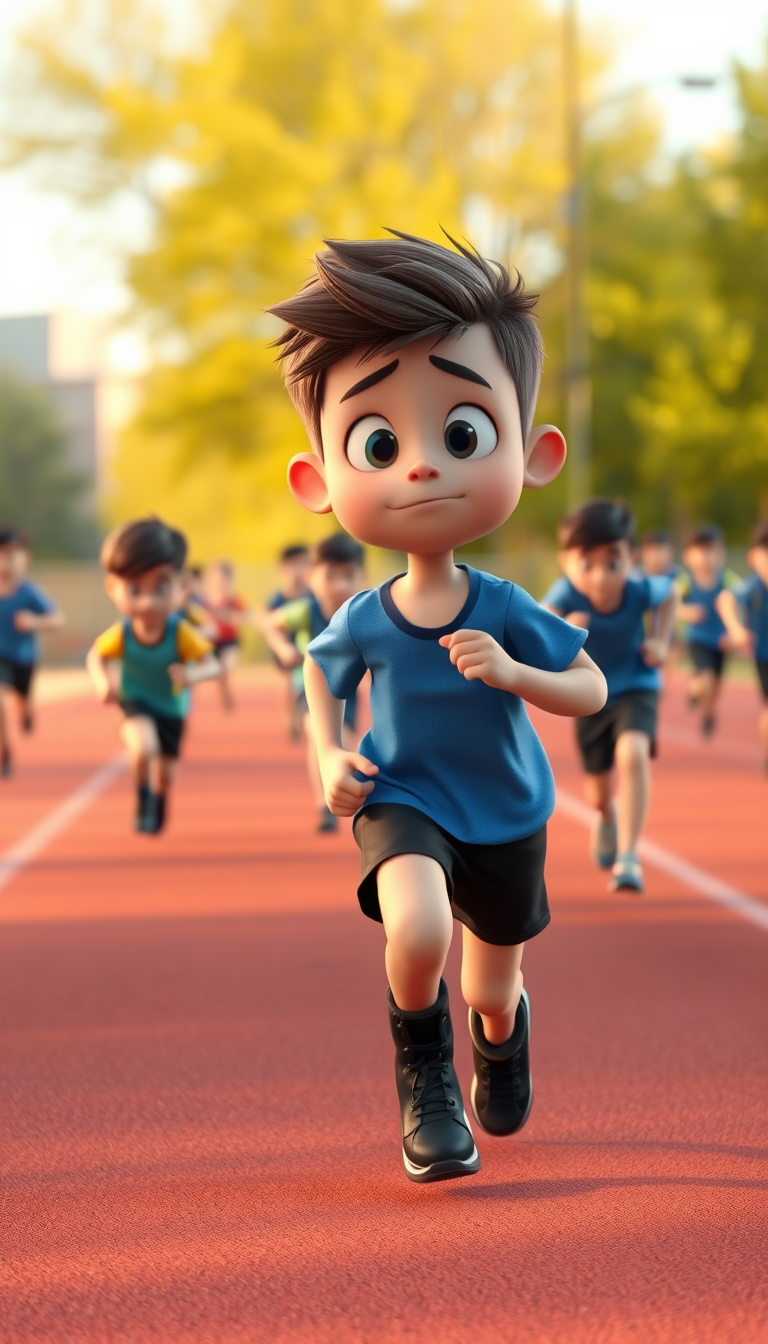 Main art studio: Same boy as the reference image, same face, hairstyle, blue T-shirt, black shorts and black running shoes. He is running in a school sports race, far 