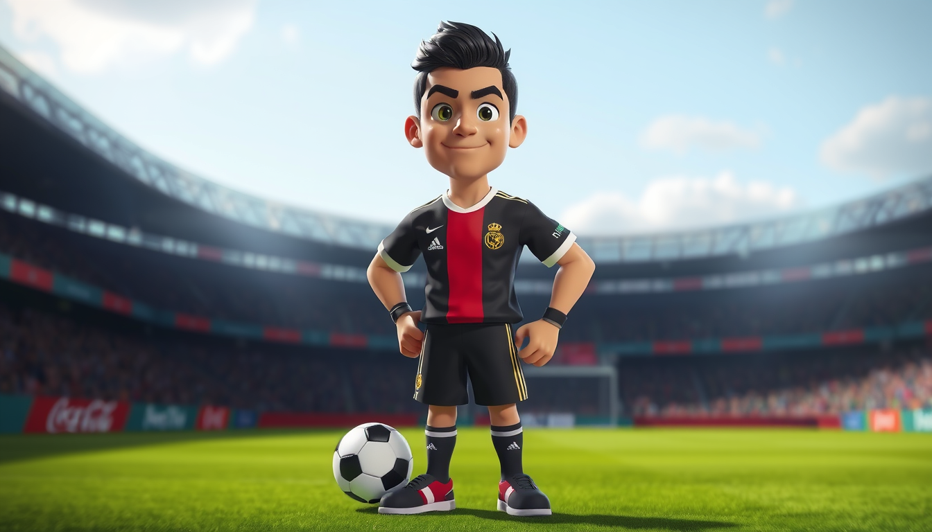 Characters idea: an original character defined by silhouette, role, outfit, palette, and expression, deliberate composition, Ronaldo 3D cartoon character , polished im