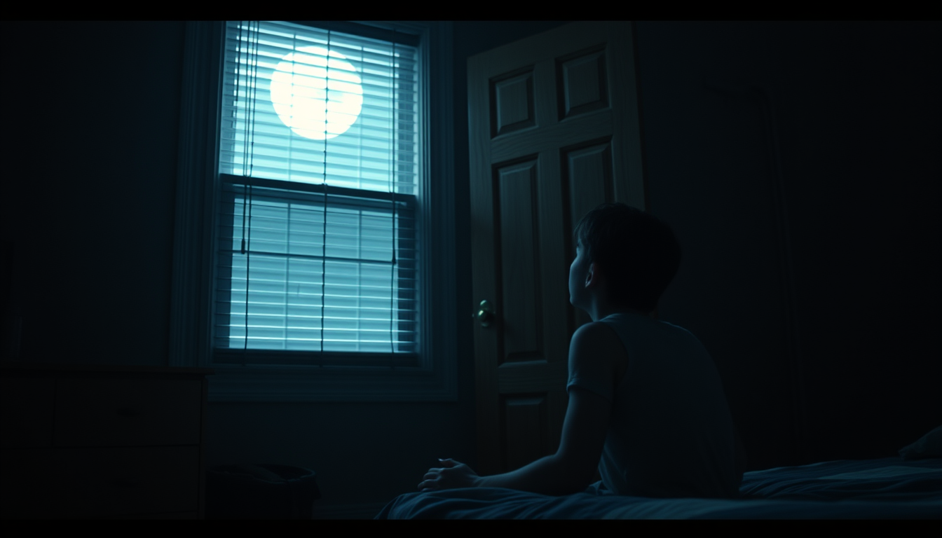 AI Art prompt example created from the prompt: A terrified young man sitting upright in a dark bedroom at exactly 3:17 AM, staring at an old wooden bedroom door, pale moonlight coming thr