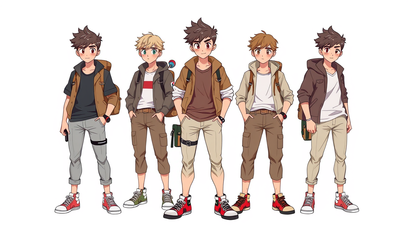 Characters idea: original character design, detailed outfit and accessories, expressive personality, Personagem masculino jovem em estilo anime simples, corpo inteiro,