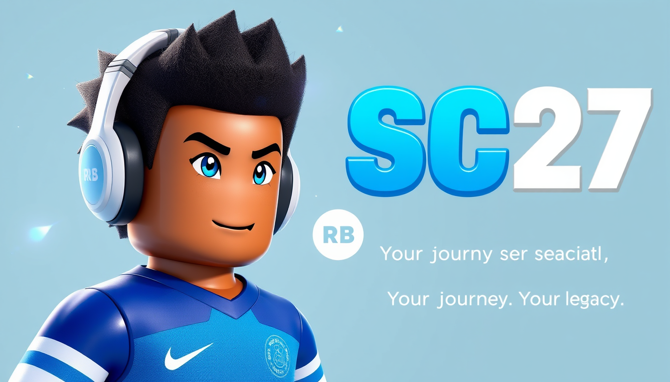 Main art studio: Create a high-quality 3D Roblox SC27 promotional thumbnail inspired by the reference images. Show a cool Roblox avatar with afro fade hair light-grey 