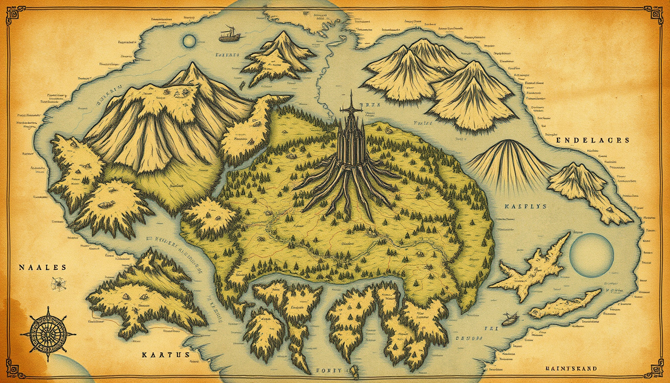 Fantasy Maps idea: fantasy world map, hand-drawn cartography, aged parchment, mountains forests and coastlines, Großer Planet mit einem Turm , detailed RPG region map