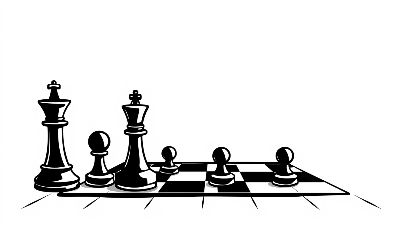 Main art studio: Simple black and white illustration for a chess poster. One small chessboard with a few chess pieces. Funny and friendly, very simple drawing, like a