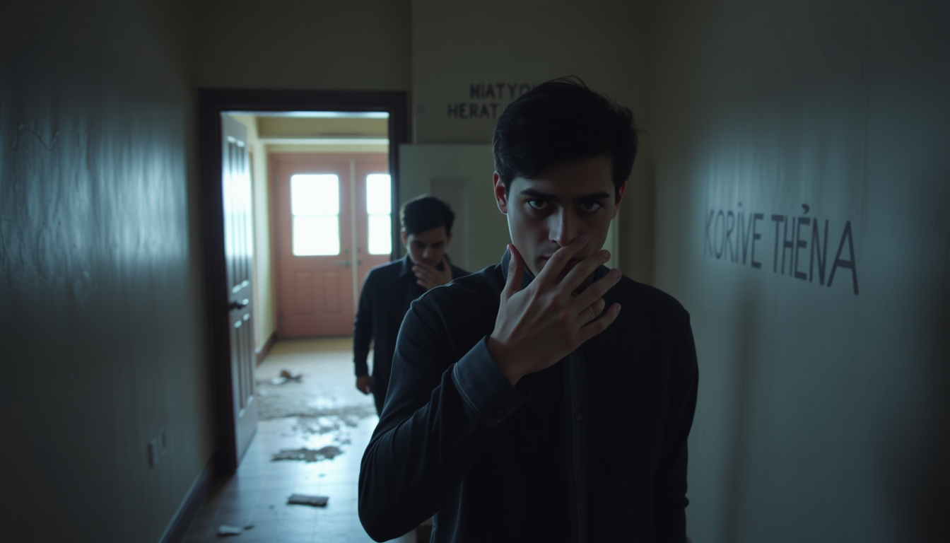 Main art studio: Rohan slowly walks into the abandoned room, looks around nervously, notices the mirror, walks closer and wipes dust from its surface. Camera slowly fo