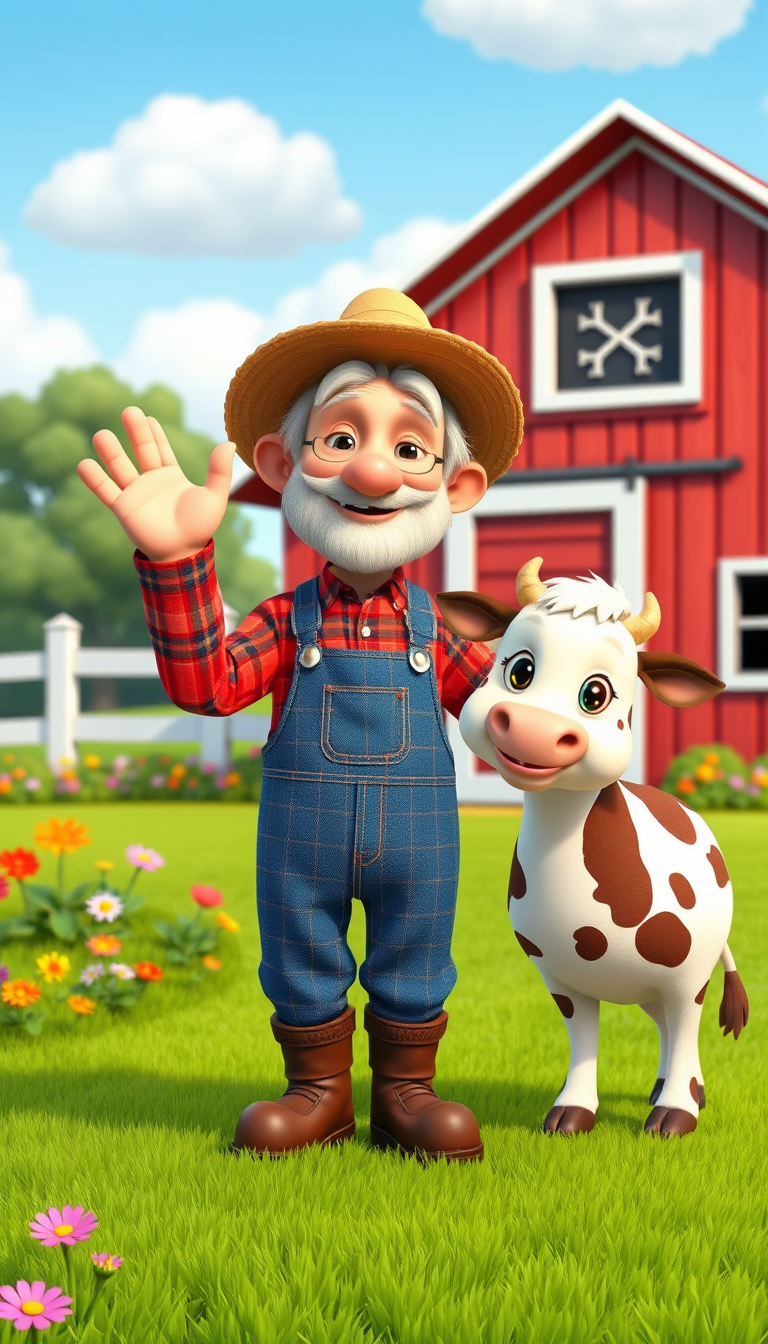 Main art studio: Cute friendly elderly farmer named Old MacDonald wearing blue overalls, a red plaid shirt, brown boots and a straw hat, standing outside a charming re