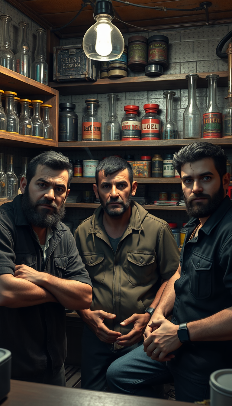 Main art studio: Three scruffy men aged 25–35 hanging out in a small smoke shop. Looks like raw gameplay from a 2010-era open-world game: chunky low-poly character mod