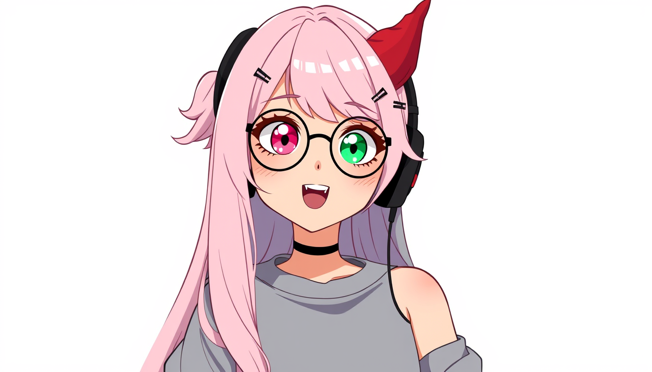 VTuber idea: vtuber avatar character, anime style, expressive face, streaming-ready design, the vtuber is a girl with long light pink hair and she has one horn wit