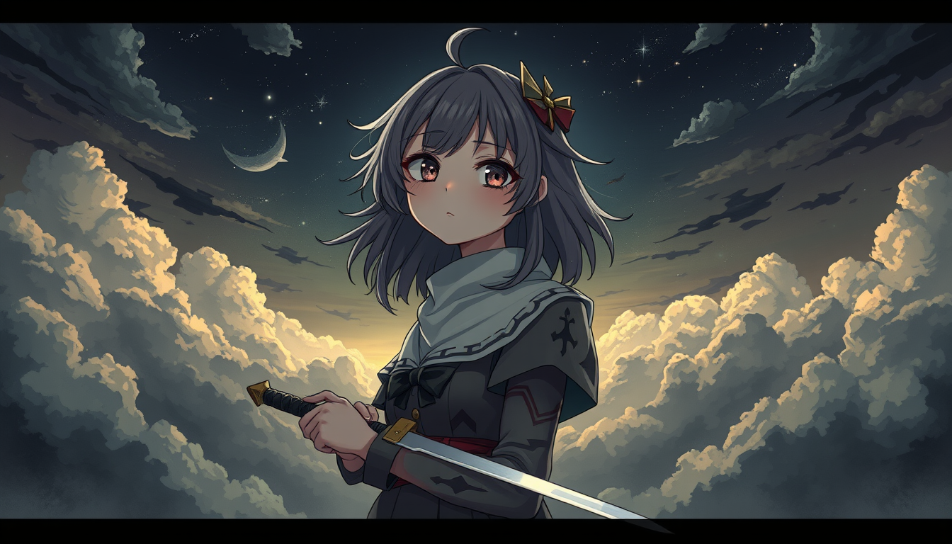 OC idea: original character art, distinctive design, anime-influenced style, expressive face, Es soll ein Mädchen abgebildet sein das auf dem Himmel schaut sie
