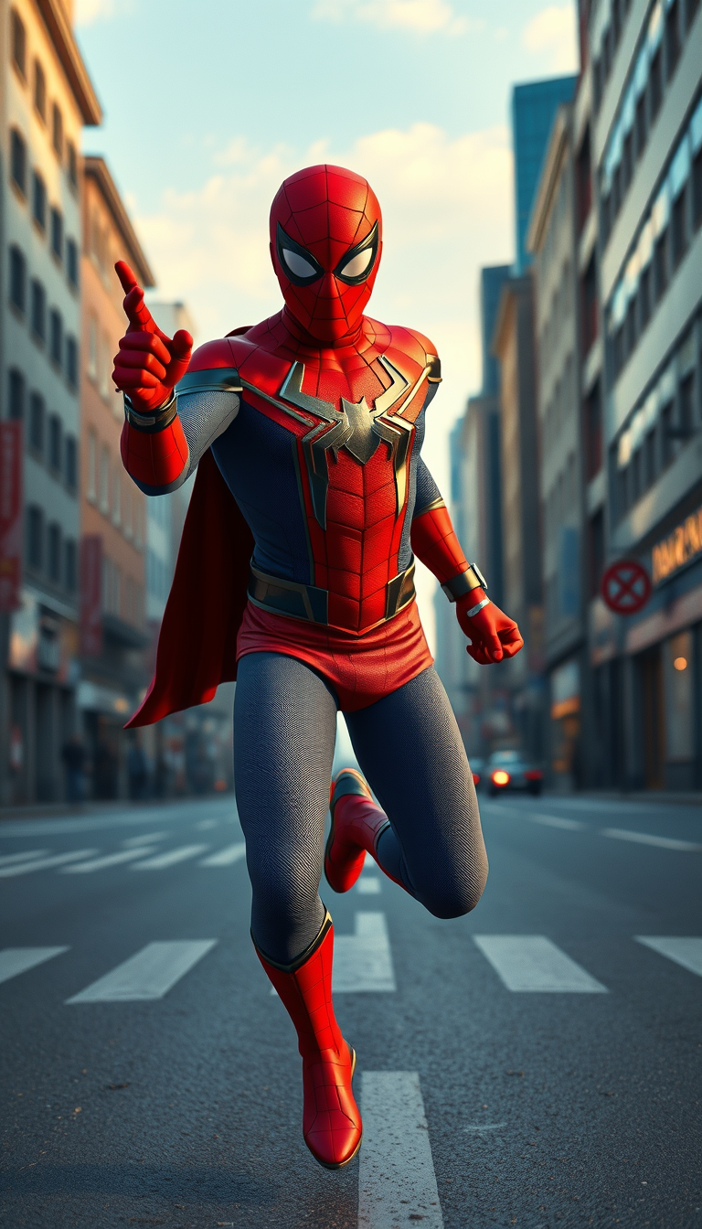 Main art studio: Uma cena em estilo 3D altamente detalhada de Homem-Aranha usando o seu clássico traje vermelho e azul, de pé numa calçada de uma cidade durante o dia,