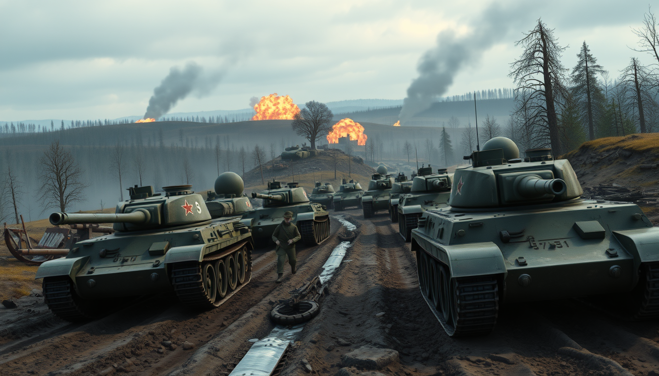 Main art studio: Epic but historically grounded 3D animated documentary depiction of the Battle of the Seelow Heights, April 1945, Soviet T-34-85 tanks and infantry ad