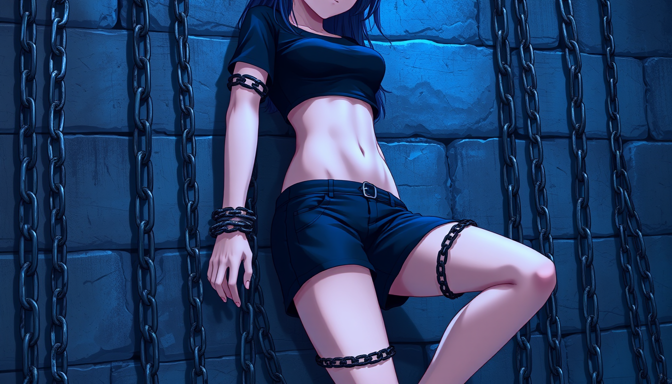 Main art studio: Anime girl wearing a black cropped top and short shorts, held against a grey stone wall by dozens of thick metal chains around her wrists, arms, waist