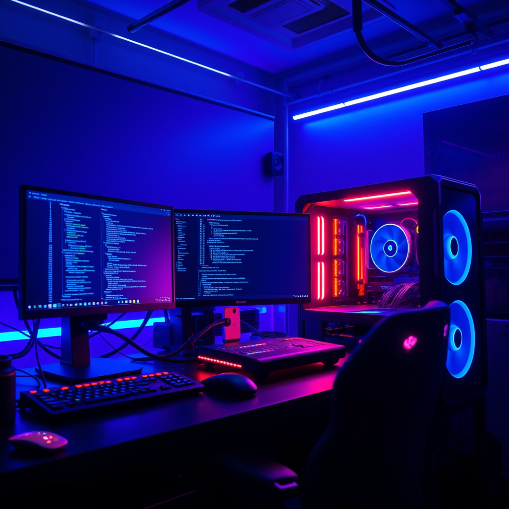 Main art studio: Ultra futuristic computer setup, powerful gaming PC with glowing RGB lights, three monitors showing programming code, cyberpunk room, neon blue and pu