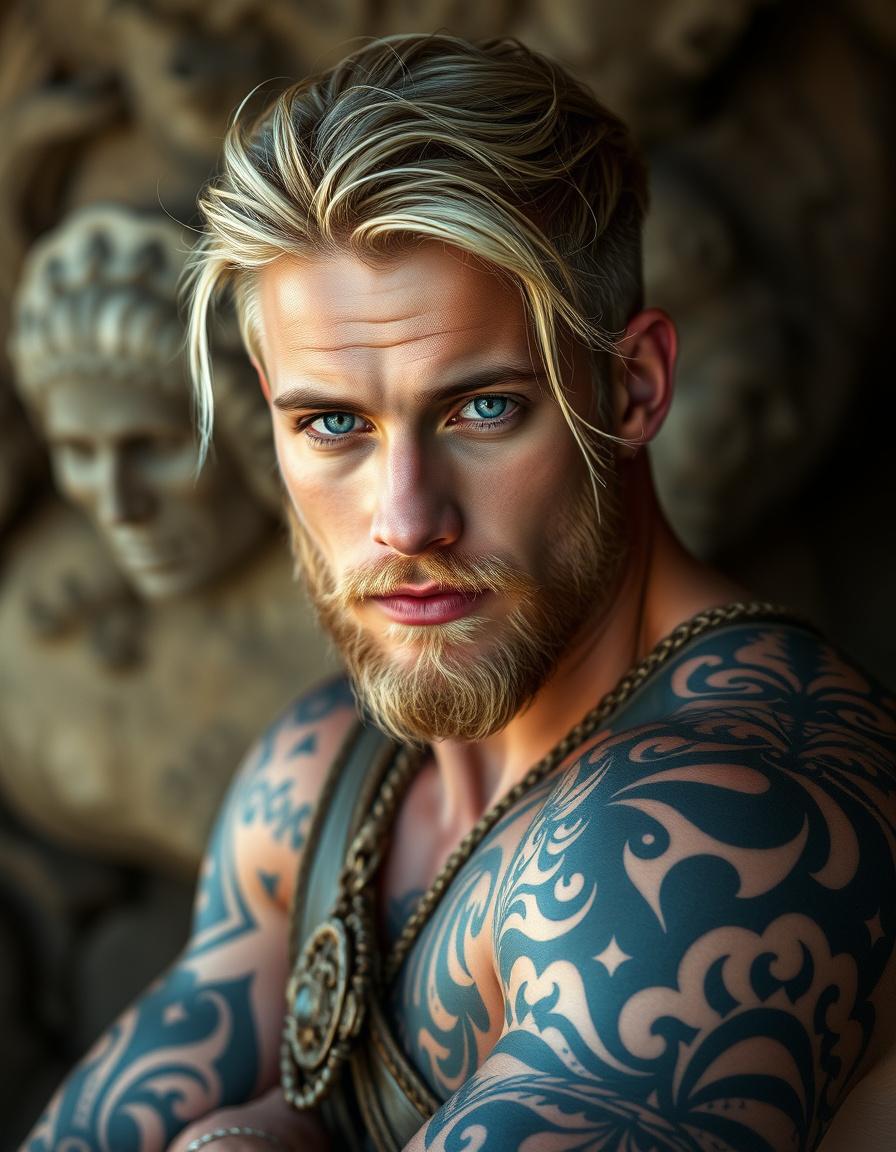 Main art studio: a blonde haired warrior like man with tribal tattoos allover his arms and stiking blue eyes. The tattoos should be something that screams I am the son