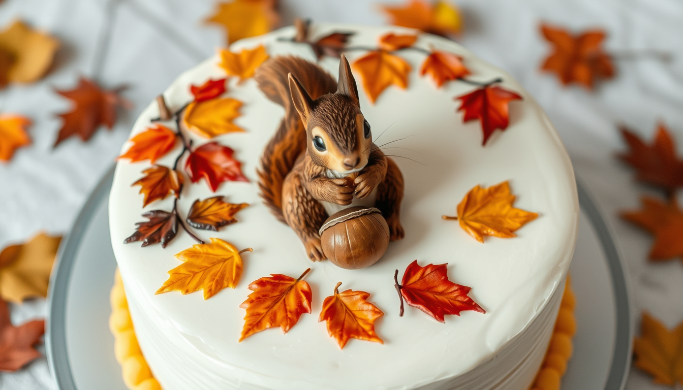 Main art studio: An autumn birtday cake that it is painted with leaves and in the centre a squirrel that eats a nut.