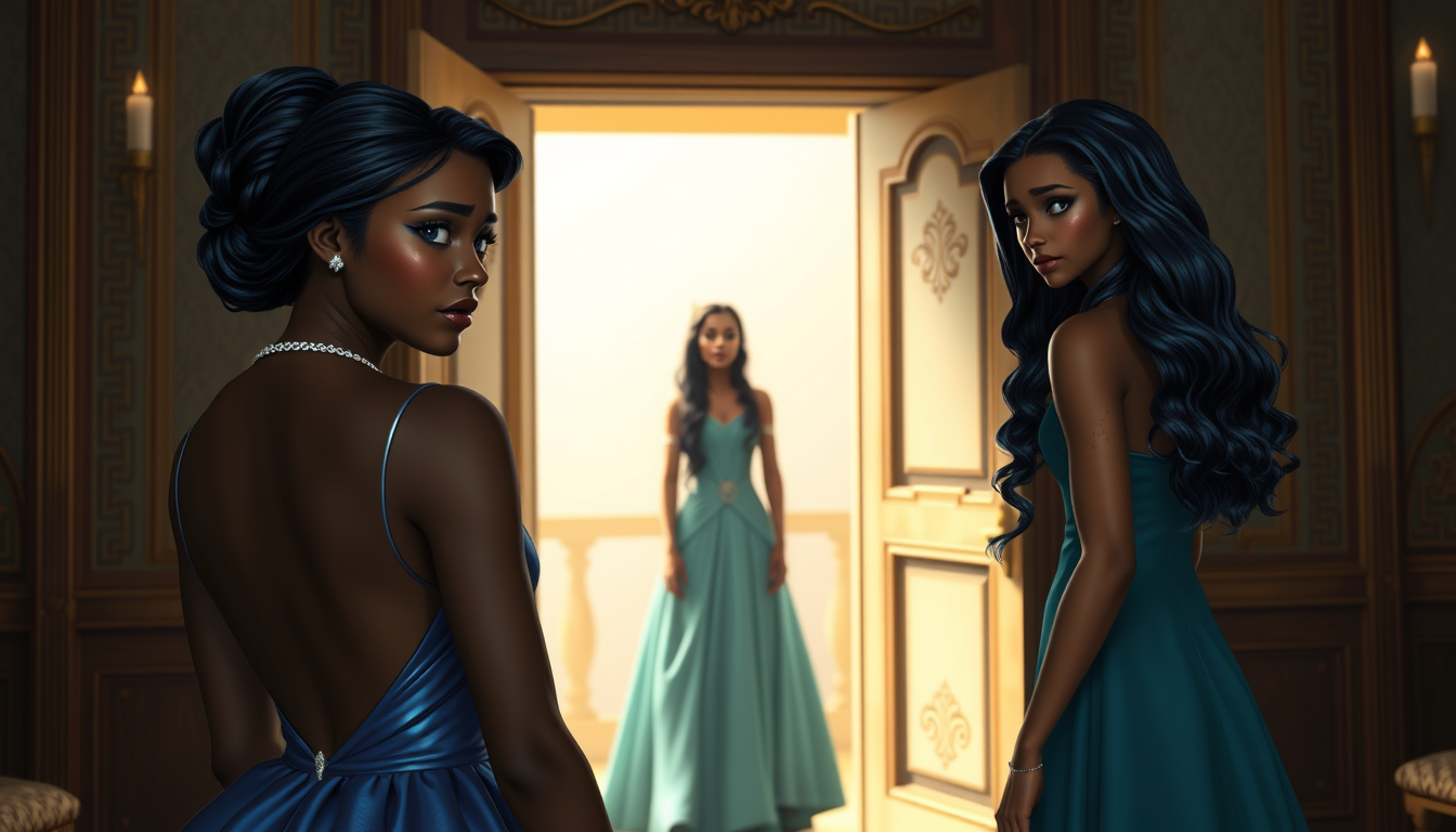 Main art studio: Fantasy royal dressing room. Camera behind Diamir, showing her back and blue ball gown. She turns her head over her shoulder toward Siah; neither woma