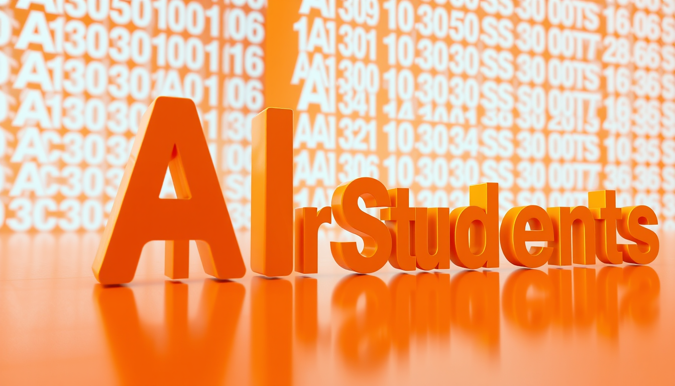 Main art studio: Orange futuristic AI background, "AI for Students" repeated across the entire screen in huge bold text, flowing/moving illusion effect, dynamic typogr