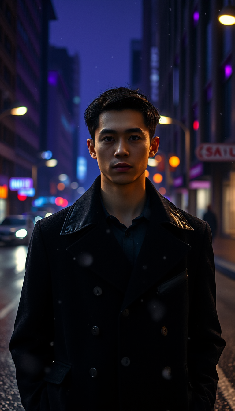 AI Art prompt example created from the prompt: Realistic cinematic photo of a young male character standing alone on a city street in the evening during the first October snowfall. Dark u