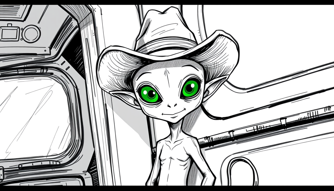 Main art studio: 2D HAND-DRAWN CARTOON. The SAME young Qllose cowboy alien wears an OLD BATTERED COWBOY HAT. EXACTLY THREE SEPARATE EYES: LEFT, CENTER, RIGHT, THREE PU