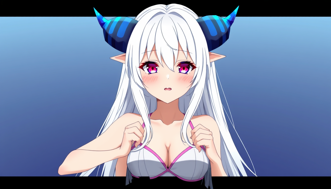 Main art studio: a anime women with long white hair and some blue horns looking things behind her ears. she has red magenta eyes a lil blush on her cheeks and her mout