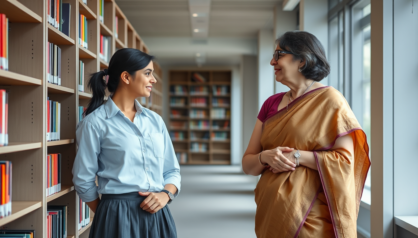 Main art studio: Landscape image of a 18-year-old indian female high school student with age appropriate proportions in modest shirt skirt school uniform and beautiful