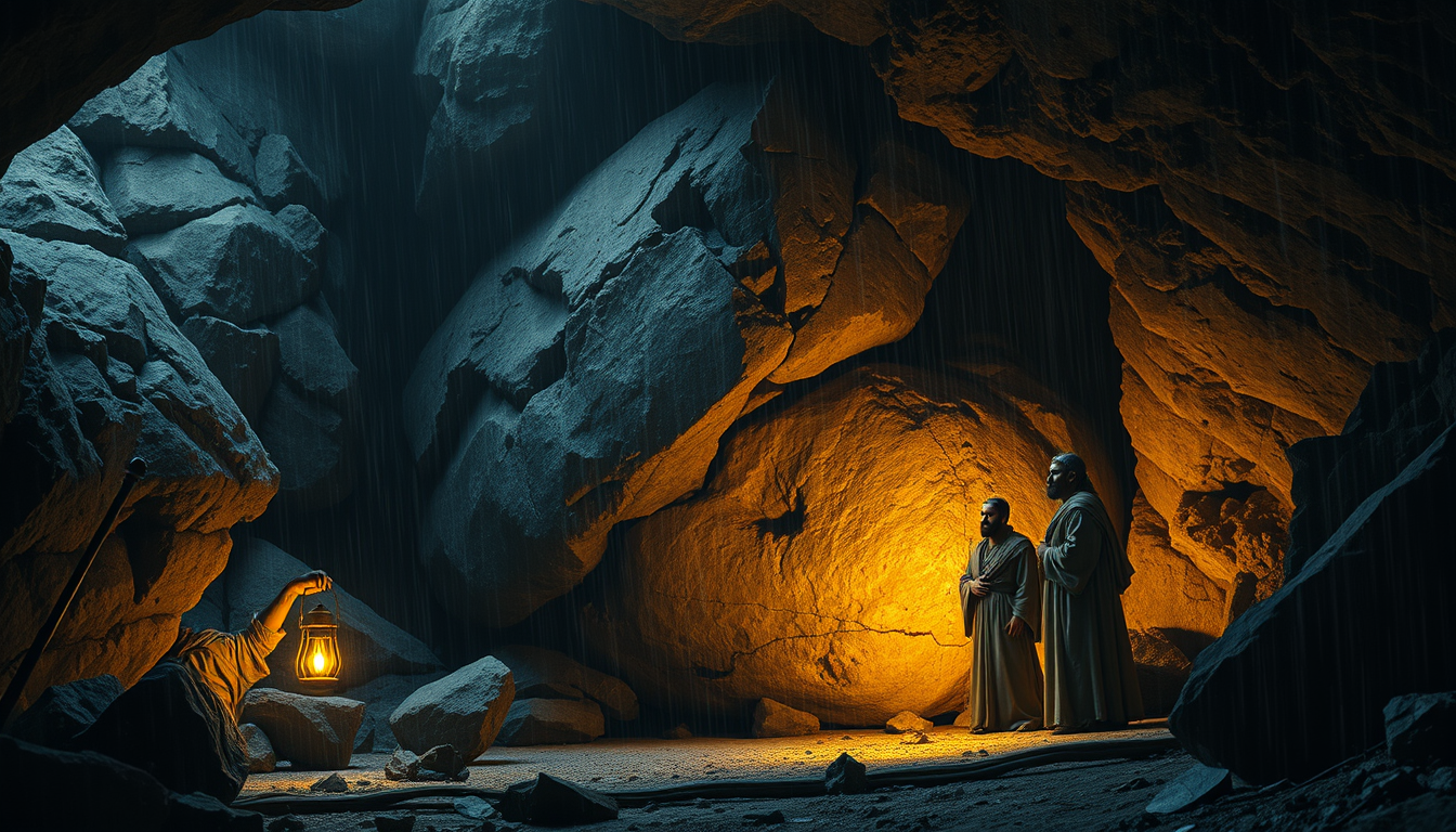 Main art studio: Three ancient Arabian travelers inside a rocky mountain cave during a heavy storm. Suddenly a huge boulder has fallen from the mountain and completely