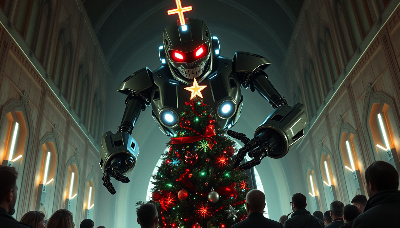 AI Art prompt example created from the prompt: A neon futuristic robot with an evil grin is standing over a church Christmas tree in it's hand while people look on in horror