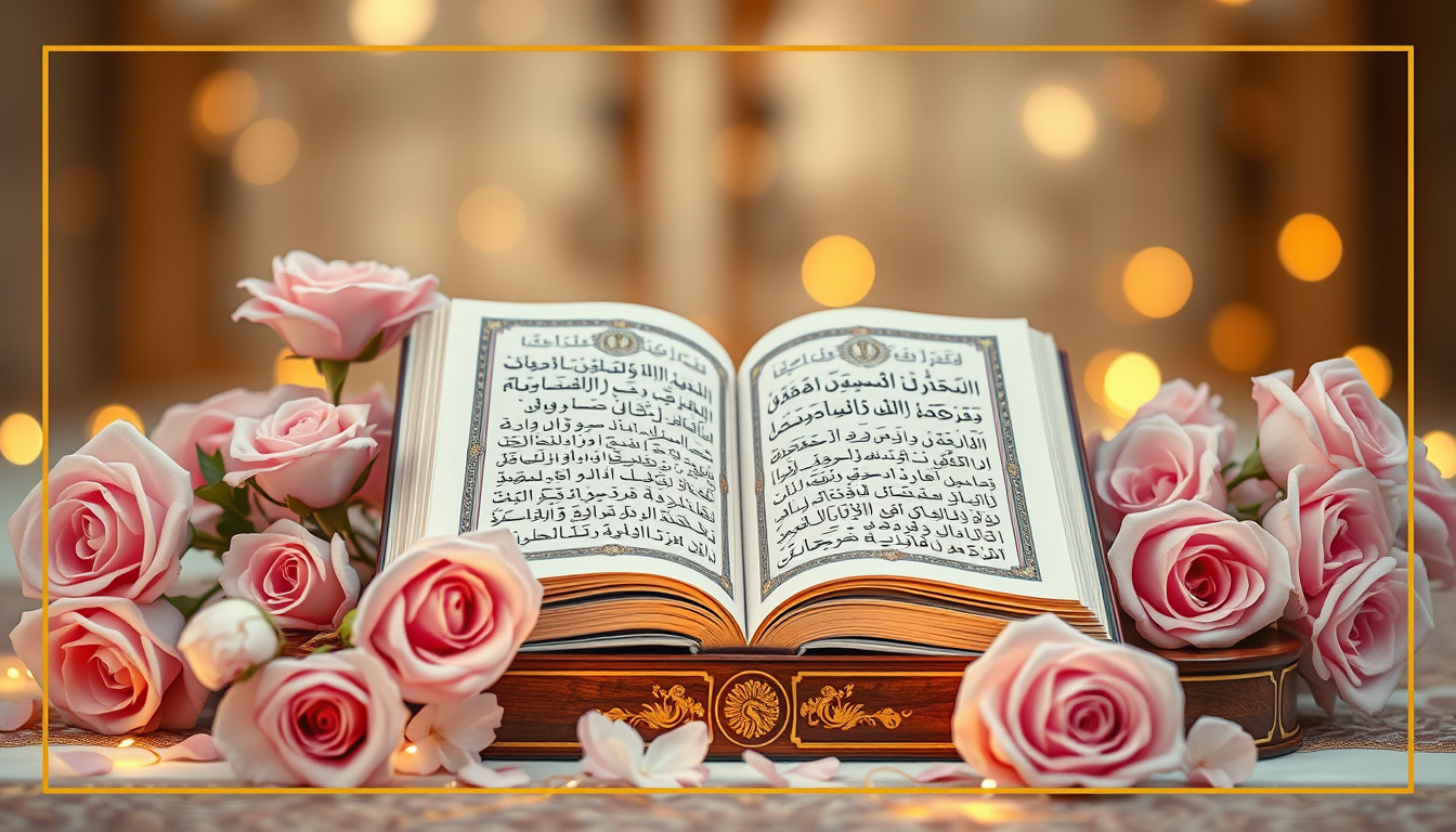 Main art studio: A photorealistic elegant Islamic composition featuring an open Quran resting on a luxurious wooden stand, surrounded by beautiful soft pink and white 