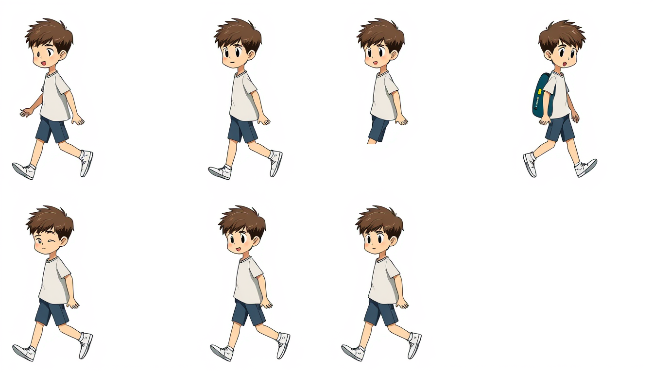 Sprite Sheet idea created from the prompt: a grid of animation frames sharing one character, scale, palette, and camera angle, deliberate composition, 8 anime walking frames, same boy