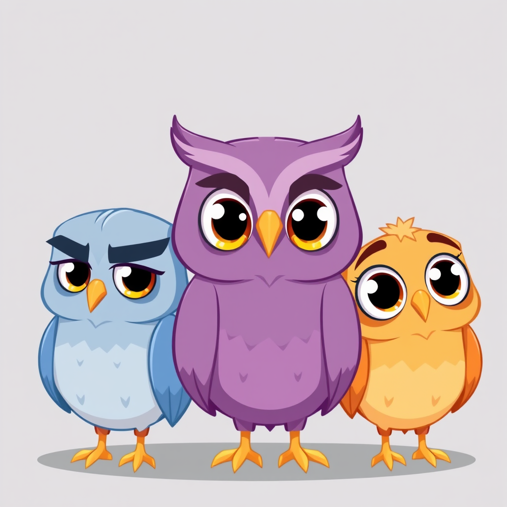 Main art studio: Exactly three cute cartoon owls with identical beak shape and size. All eyes fully open, lively and clearly visible. Left blue-gray: nervous posture,