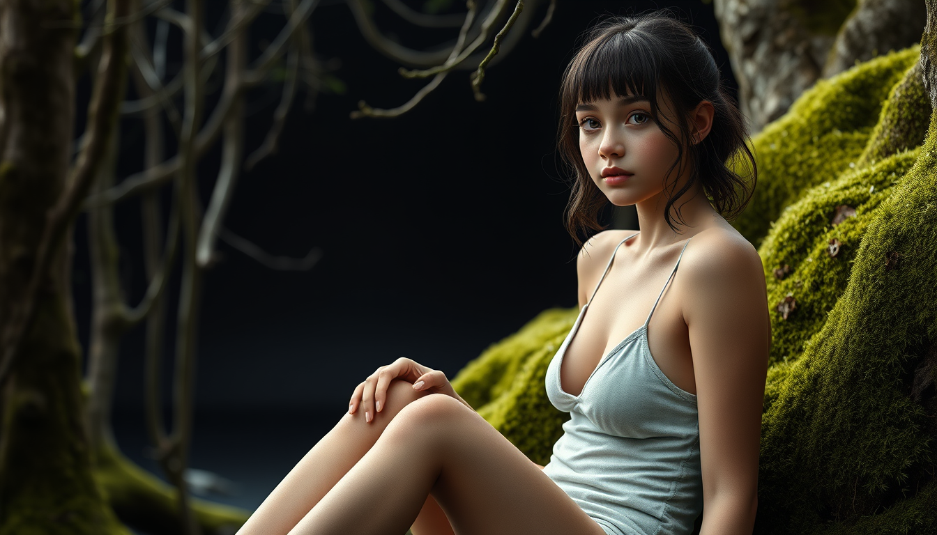 Realistic Images idea: photorealistic generated image, natural materials and skin texture, physically plausible lighting, A nature girl in a black studio with trees and moss