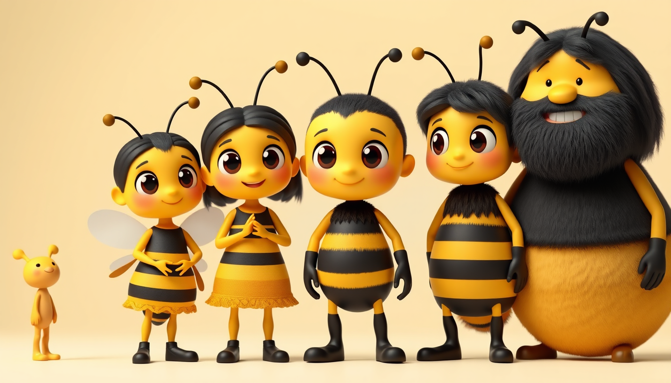 Characters idea: an original character defined by silhouette, role, outfit, palette, and expression, deliberate composition, Cute 3D bee family for kids: Beebee, her s
