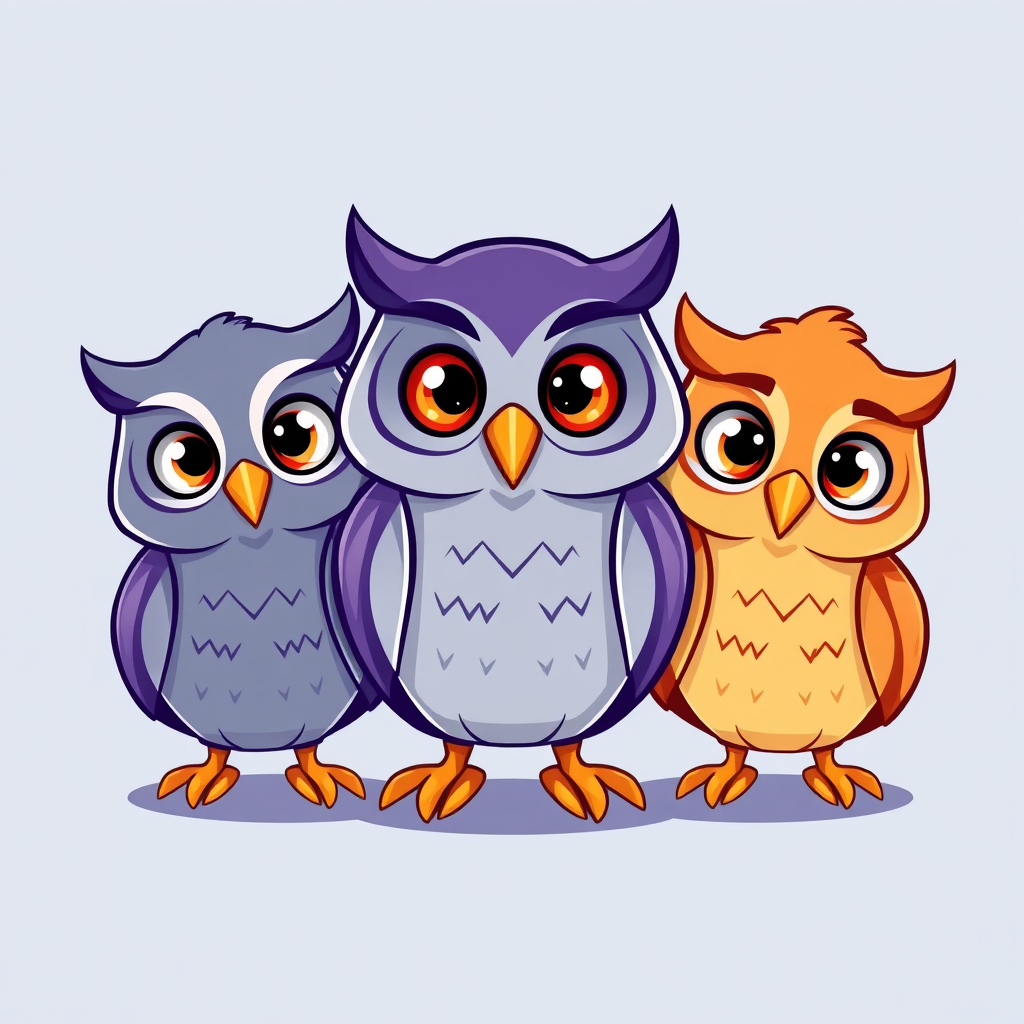 Main art studio: Create a cute modern 2D mascot logo with three distinct owl characters. Avoid symmetry and identical poses. All face the viewer with fully open, livel