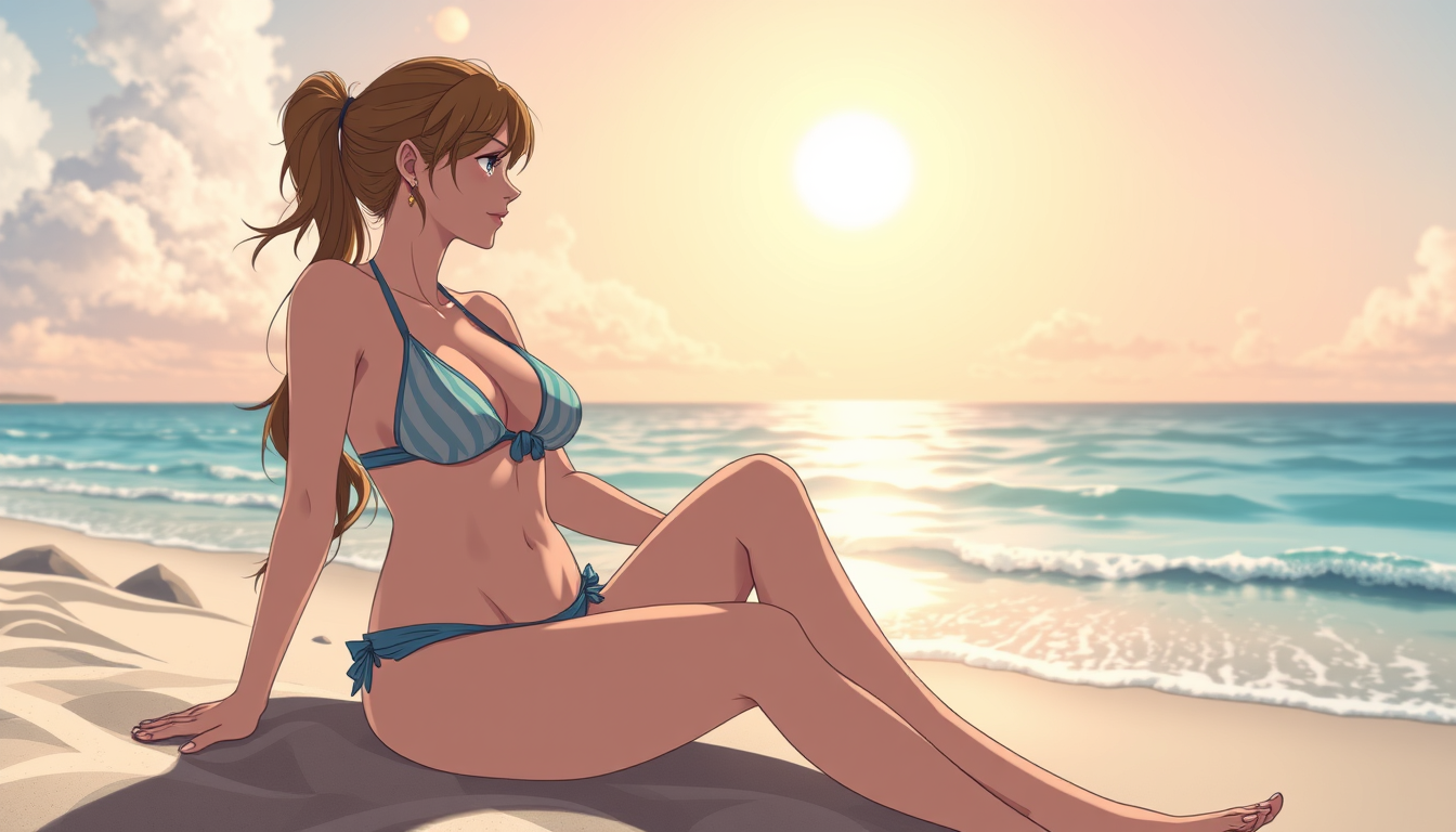 Main art studio: Mach mir eine Frau in Anime stylie und die Frau hat extrem große brüste und Sitz auf einen man und küssen sich in bikini am strand