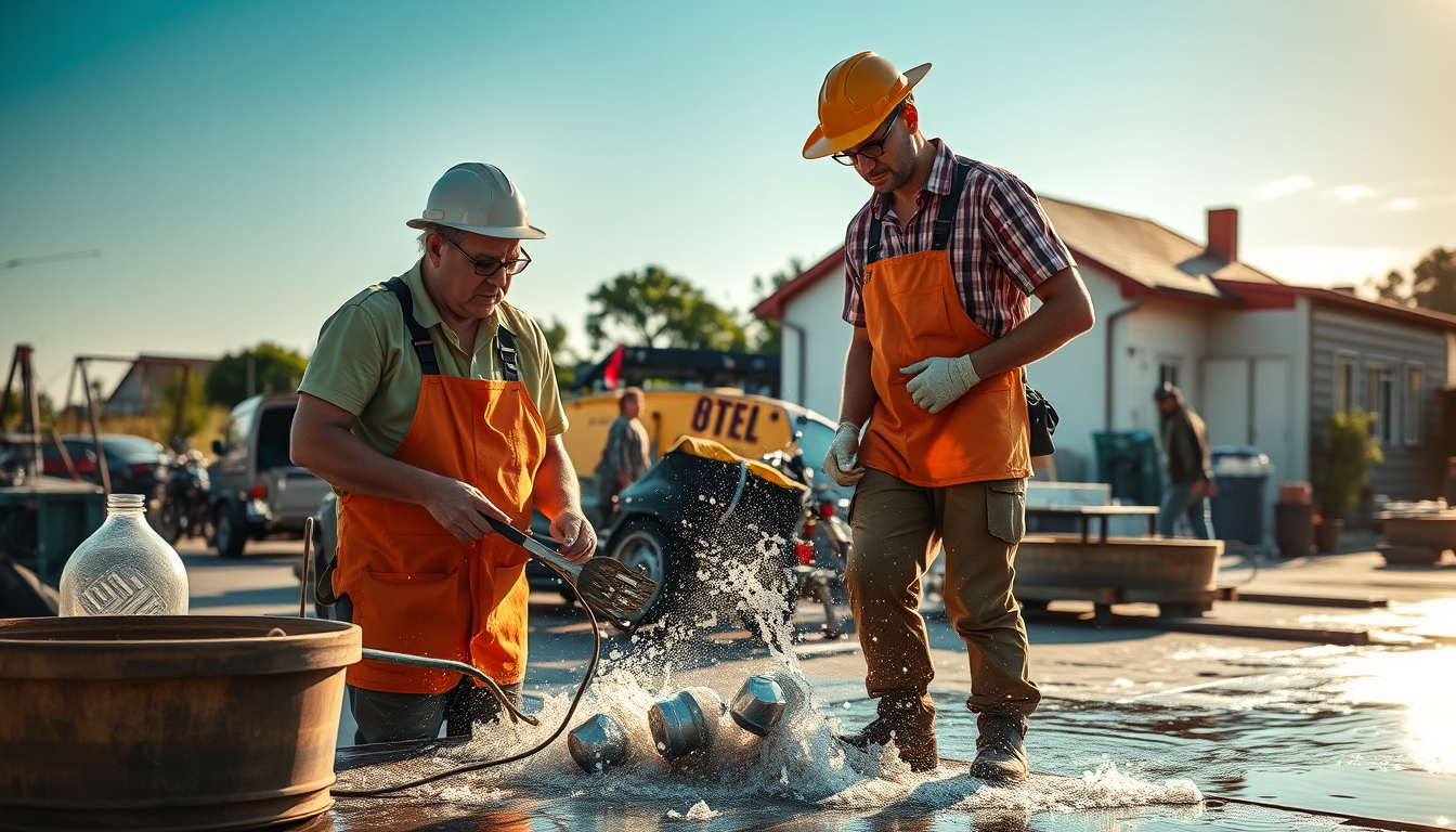 Main art studio: Arbeiter bei großer Sommerhitze, Sonnenstrahlen, Wasserflasche und Schattenplatz