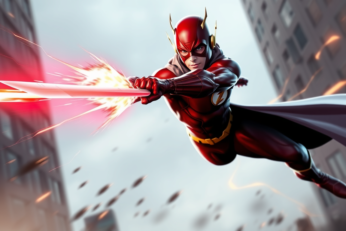 Main art studio: Superhero Flash doing a fleche with a sidesword in his hand