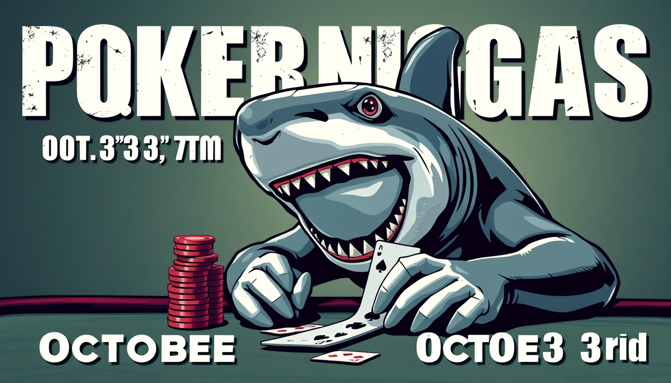 Main art studio: Create an image for a promotional event called “Poker Niggas”; the date will be October 3rd. In the image, create a shark playing poker with broken te