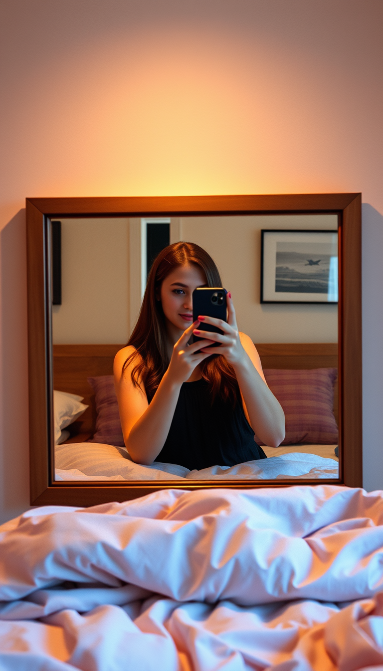 Main art studio: girl photo realistic bedroom mirror selfie teen