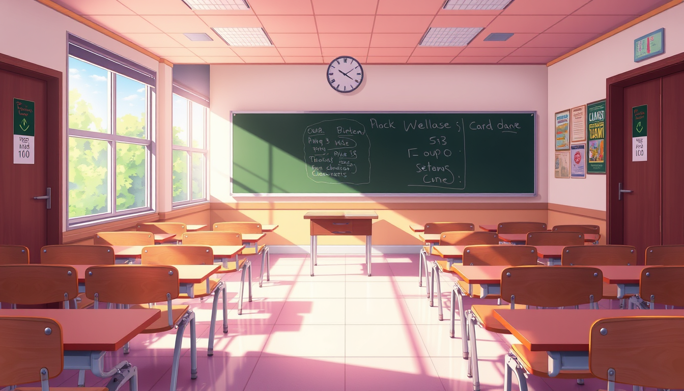 Anime idea: anime style, vibrant colors, expressive eyes, Can u make me a classroom whith no one but just seats and class decoration! , detailed anime illustratio